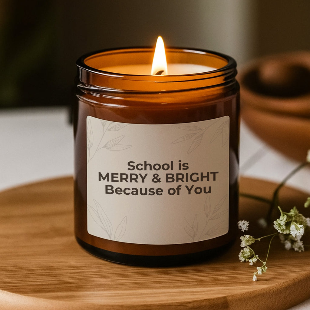 Merry and Bright Because of You Candle, Teacher Christmas Gift Bulk, Scented Soy Candle (Multi - Size, Amber Jar) - Scents For Candles