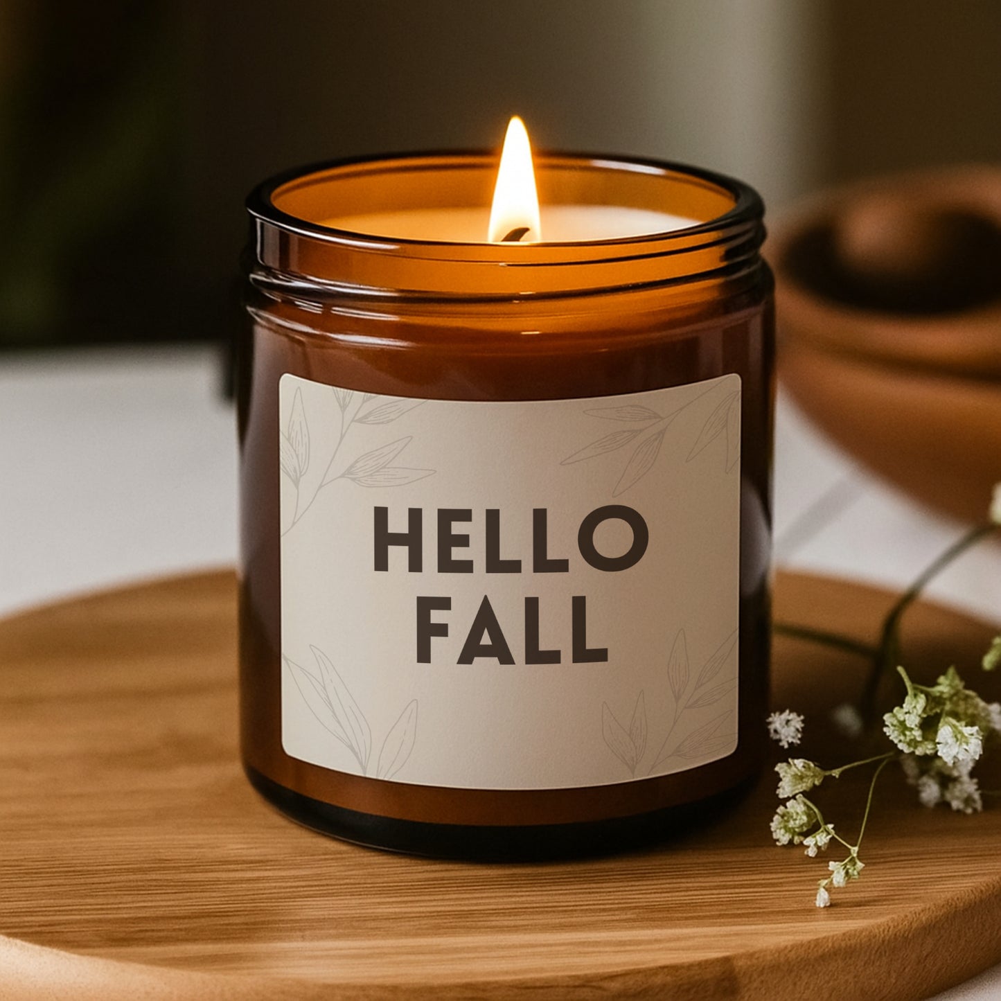 Hello Fall Candle, Autumn Candle Gift, Scented Candle, Fall Candles, Scented Soy Candle (Multi-Size, Amber Jar)