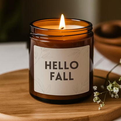 Hello Fall Candle, Autumn Candle Gift, Scented Candle, Fall Candles, Scented Soy Candle (Multi-Size, Amber Jar)